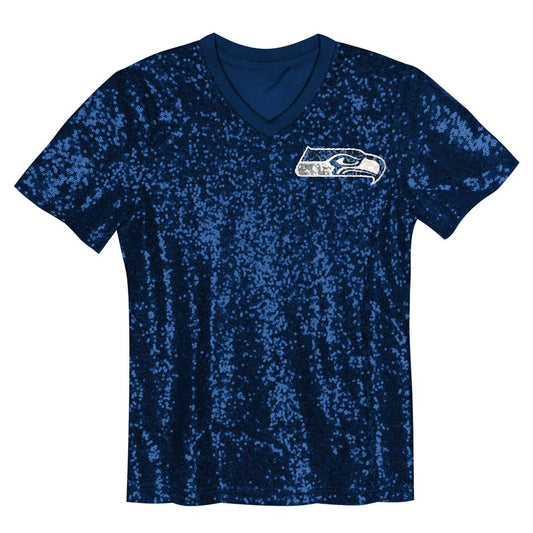 12 Fan Seattle Seahawks Girls Youth Sequin V-Neck Fashion Official Jersey - College Navy