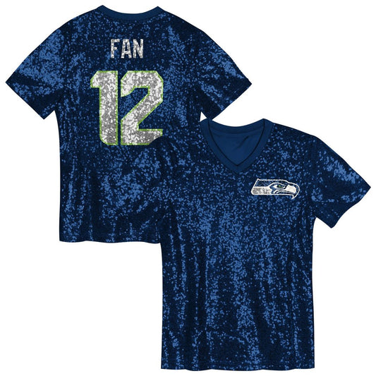 12 Fan Seattle Seahawks Girls Youth Sequin V-Neck Fashion Official Jersey - College Navy